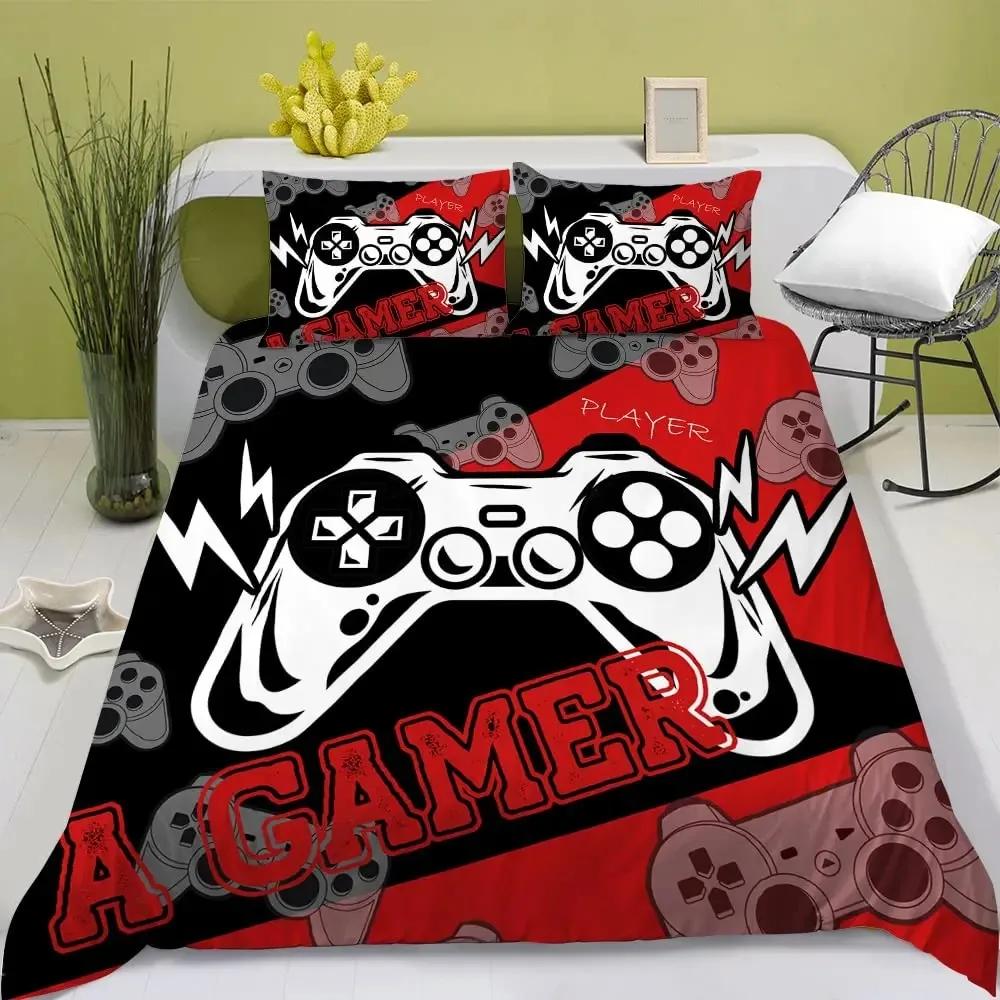 Gamer Duvet Cover Set Rotating Music Comforter Cover Gamepad Gaming Bedding Set for Boys Headphone Bedspreads Cover Queen Size