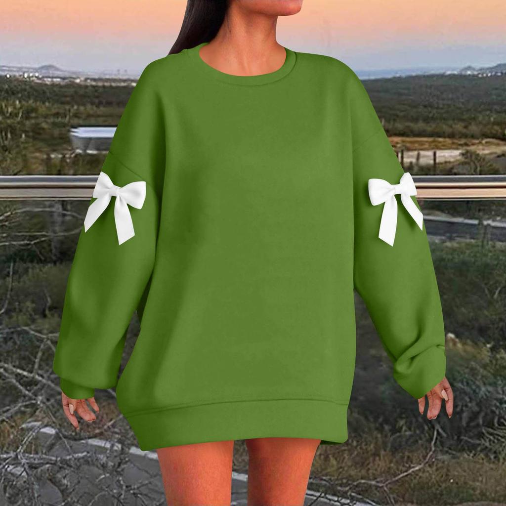Women's Solid Color Bow Round Neck Long Sleeved Loose Pullover Sweater Sweatshirt