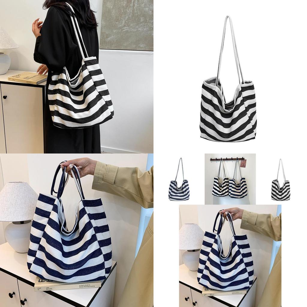 Stylish Korean Ins Color Block Striped Canvas Tote Bag Large Capacity For Shopping