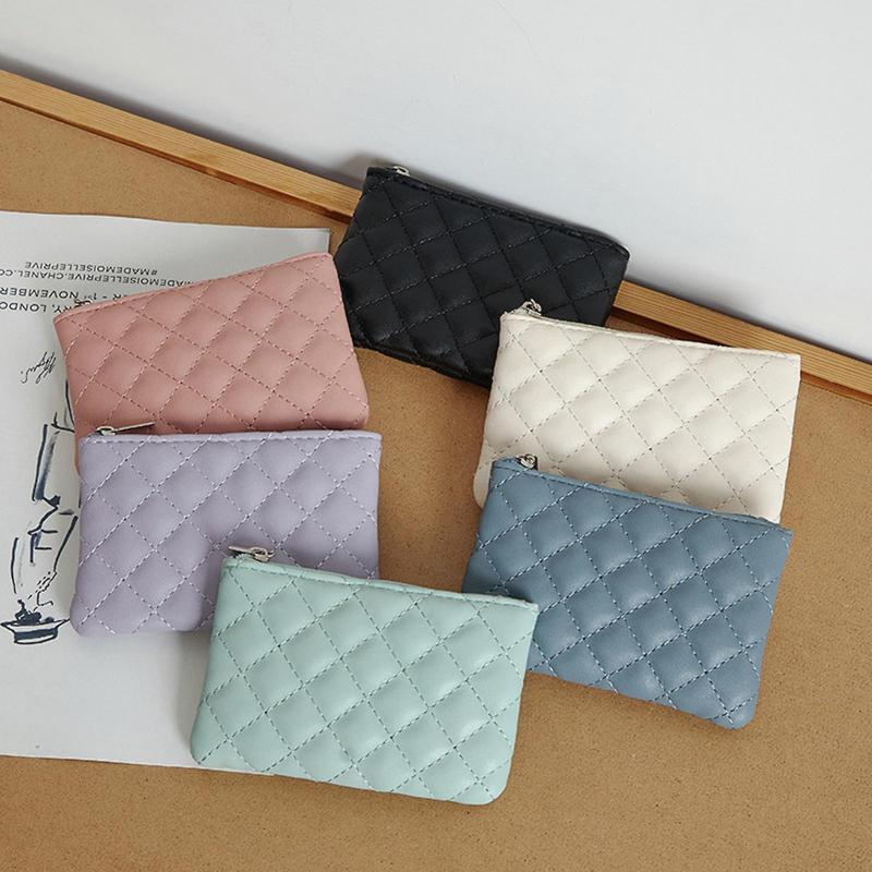 Women Coin Purse Solid Color Faux Leather Rhombus Texture Zipper Closure Blong Shape Large Capacity Portable Lightweight Firm Stitching