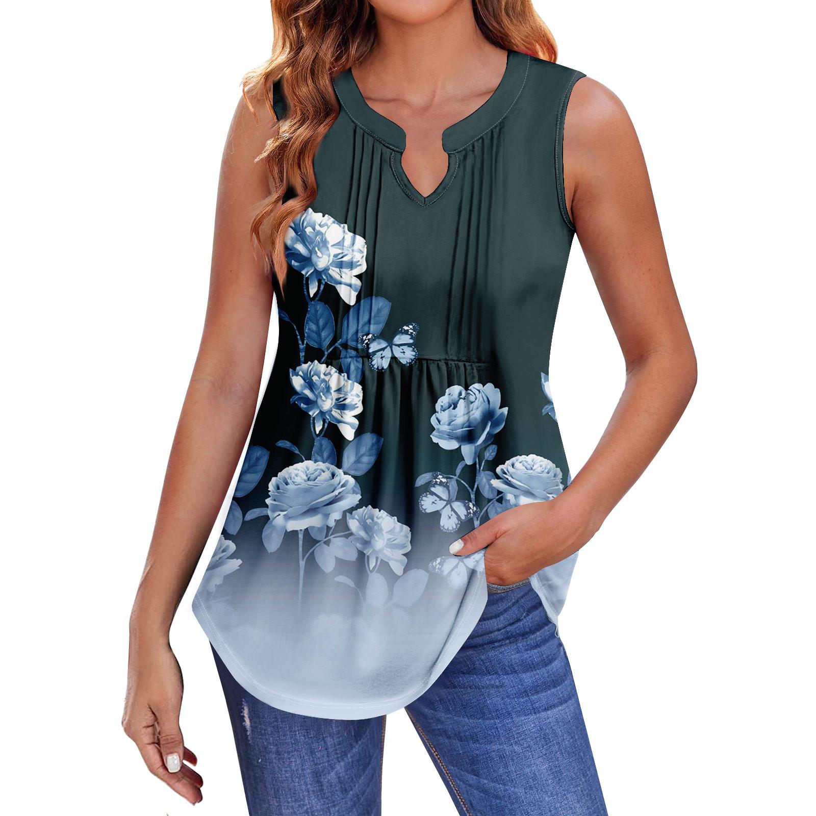 

Женские летние майки с V-образным вырезом и принтом, повседневные майки для женщин, свободные рубашки-туники без рукавов XXL тёмно-синий