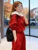 Tuta sportiva casual da donna invernale rossa 2025: Completo due pezzi con felpa spessa in velluto e pantaloni a gamba larga
