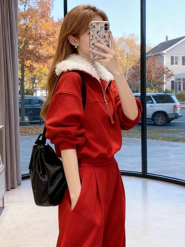 Tuta sportiva casual da donna invernale rossa 2025: Completo due pezzi con felpa spessa in velluto e pantaloni a gamba larga