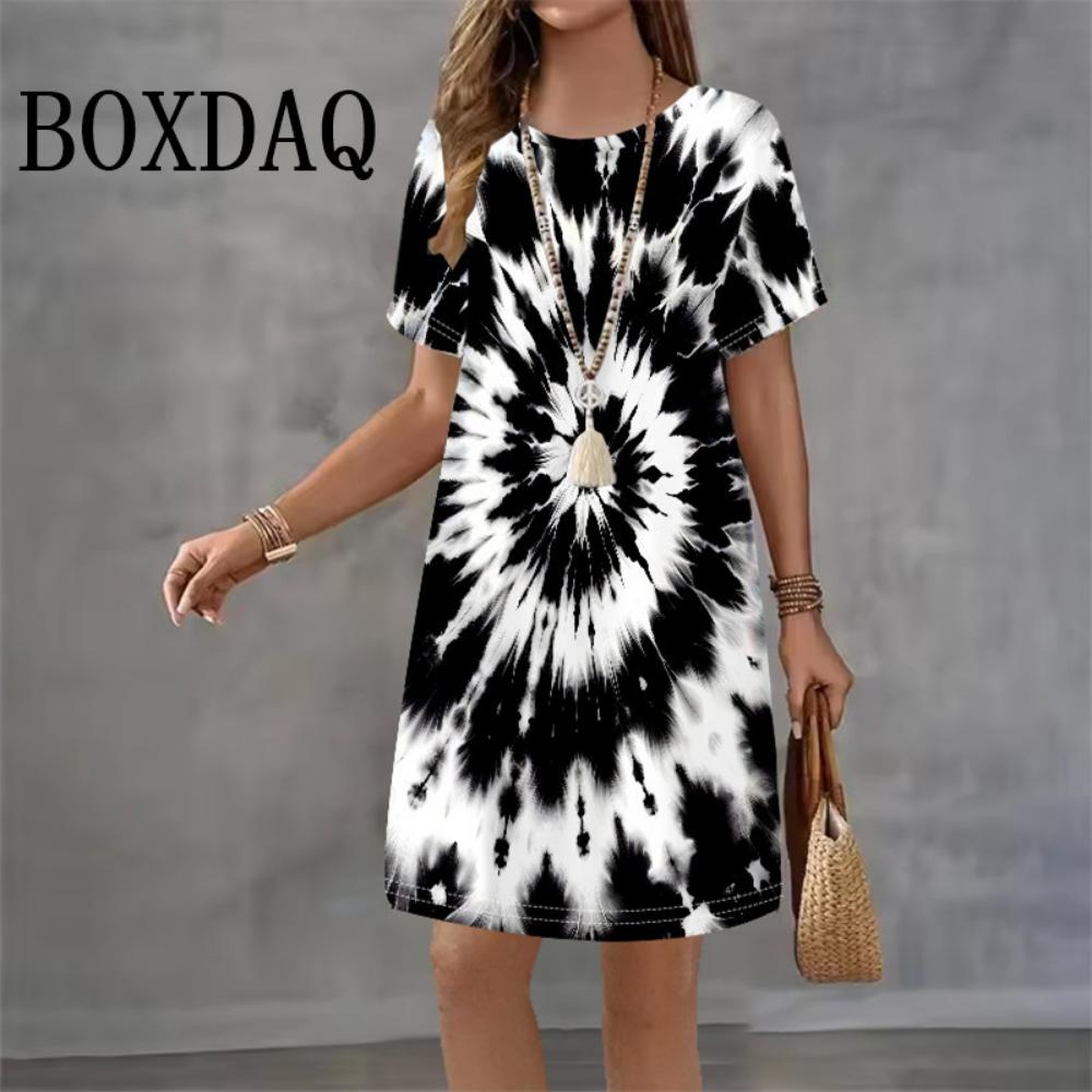 Tie-dye Abstract Printed Dress for Women 2026 Summer Dress Casual Short-sleeved Loose Mini Dress S