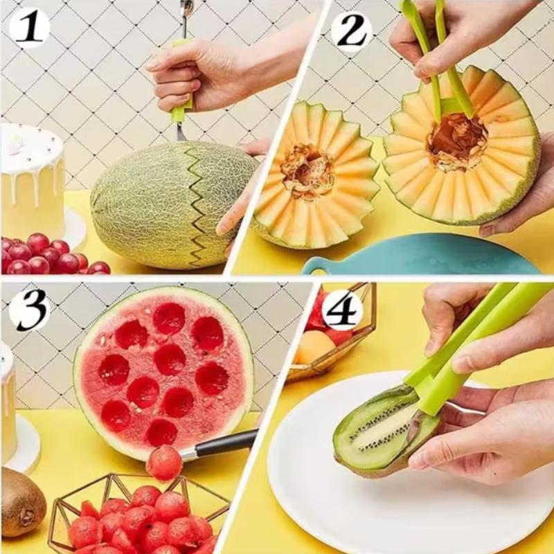 4 in 1 Watermelon Slicer Cutter Scoop Fruit Carving Knife Cutter Fruit Platter Fruit Dig Pulp Separator Kitchen Tools Gadgets