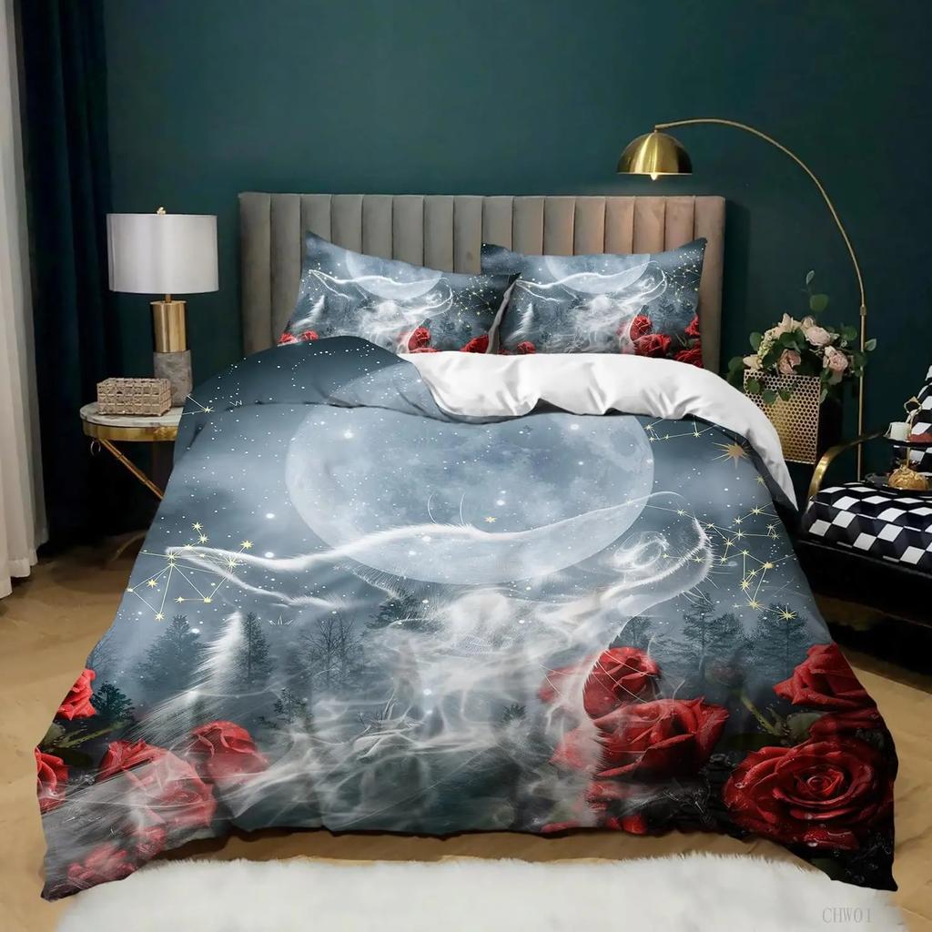 Snow Wolf Duvet Cover Set Full Queen Night Galaxy Starry Wolf Comforter Cover Wild Animals Wolf Themed Bedding Set 2/3 Pieces