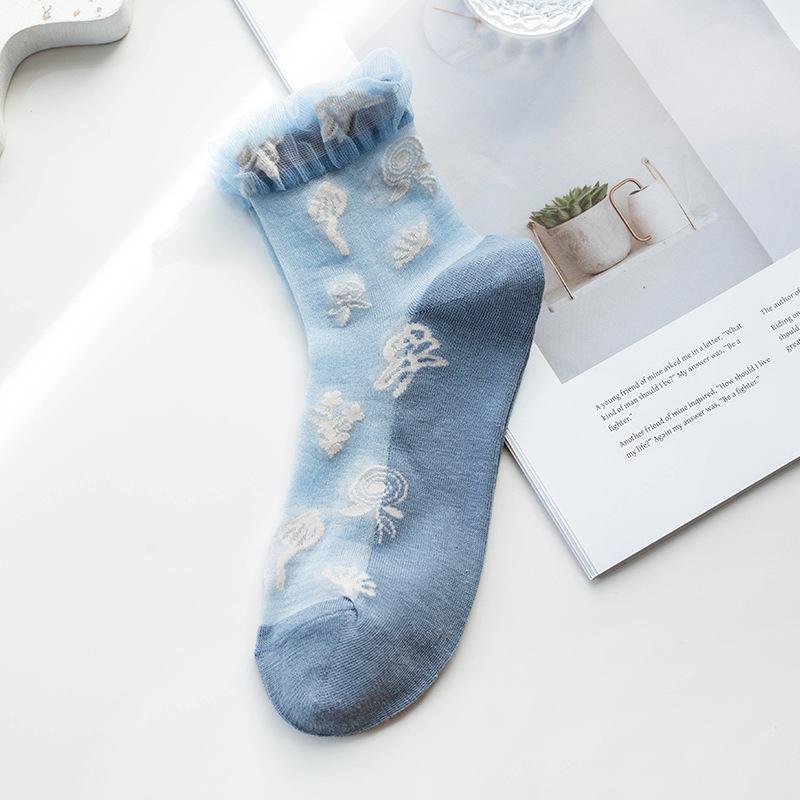 Love Heart Crystal Mid-Calf Glass Stockings with Cotton Sole and Lace - Japanese Style JK Women's Summer Socks.