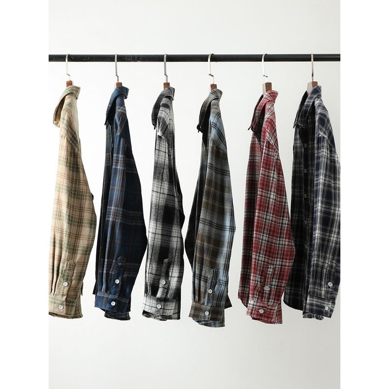 American vintage Washed Sanding Plaid Shirts Men's Long sleeve Spring and Autumn Stacked Outerwear Foreign Trade Men's Casual Shirt