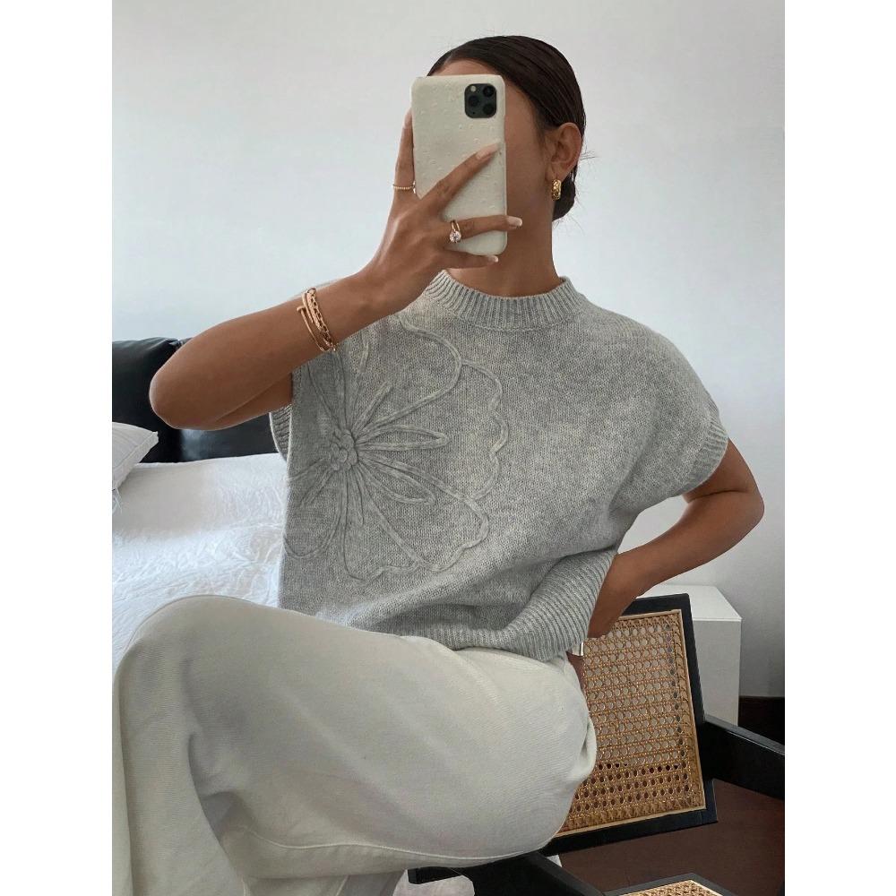 Gilet pull tricoté à col rond avec motif floral 3D élégant pour vêtements pour femmes