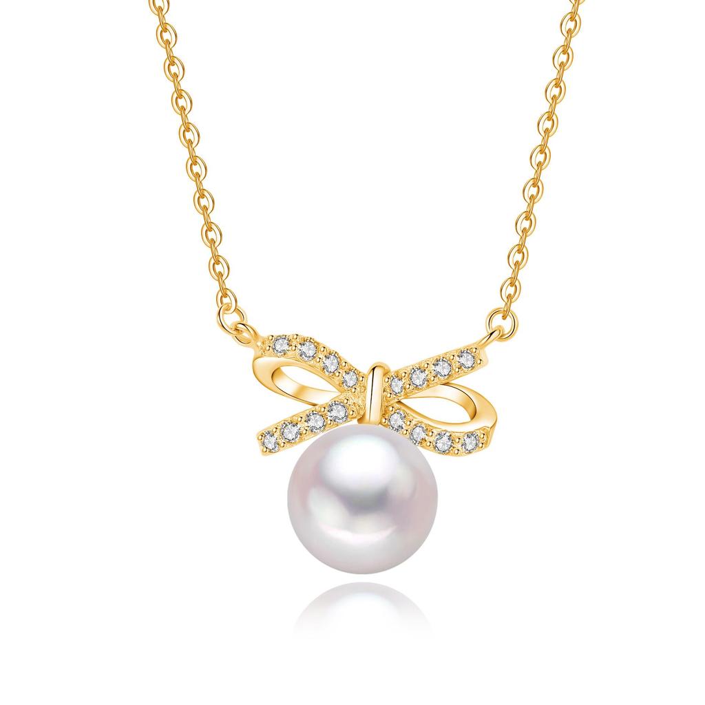Stylish S925 Sterling Silver Bow Necklace with Freshwater Pearl – Fresh, Versatile Clavicle Chain for Women.