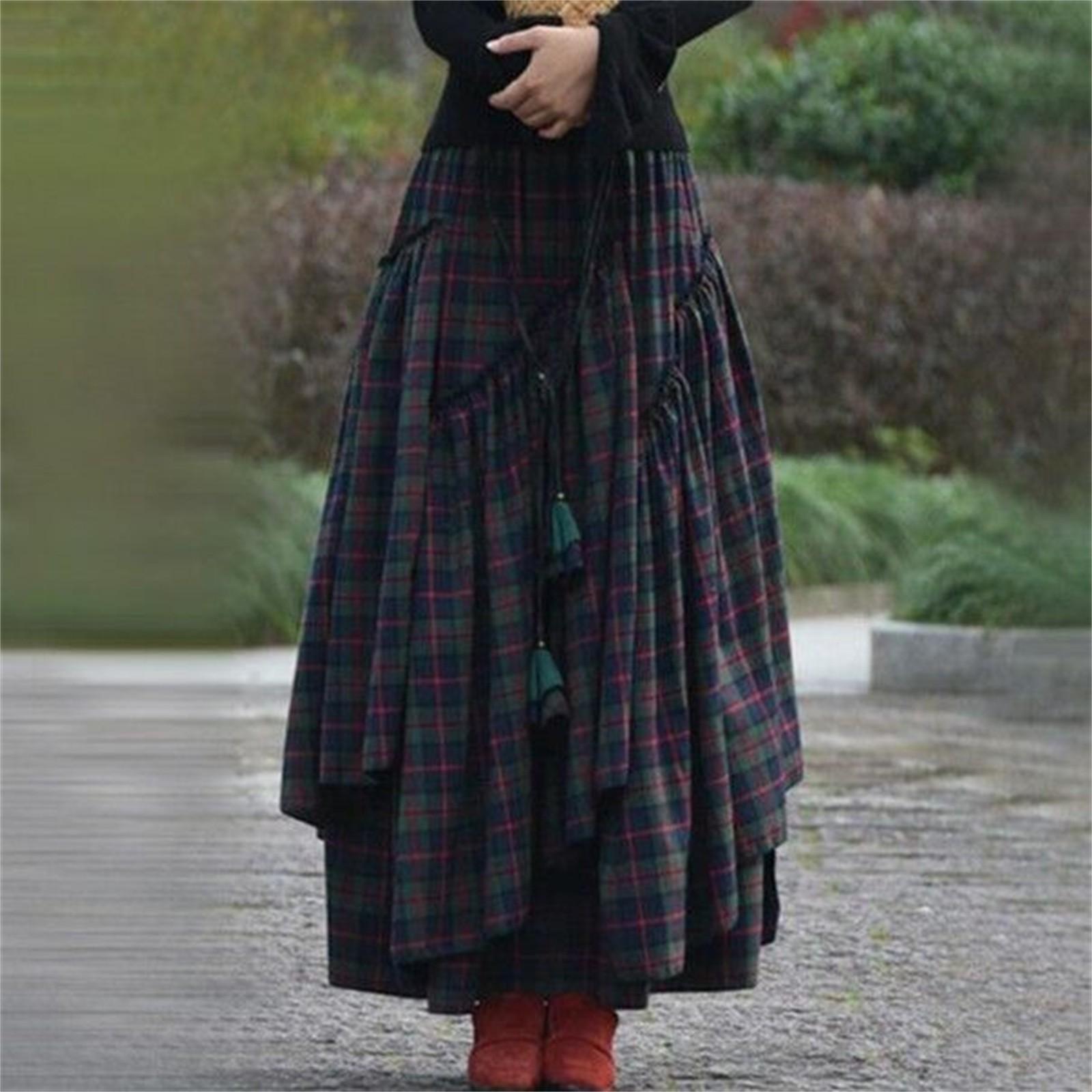 Fashion Women Loose Plaid Print Fringe Irregular Waiste Skirt XXXXXL зелёный