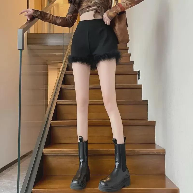 Women's High-Waist Slim Fit Fur Shorts - American Style Autumn Hot Pants