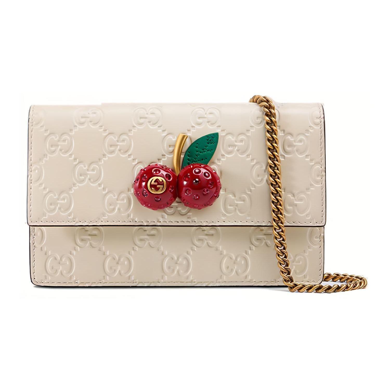 

Gucci 3D Cherry Decorated Logo Embossed Chain Shoulder Strap Leather Mini Crossbody Bag Women crossbody bag White 481291-0G6ET-8597 Box(Basic Set+Box)