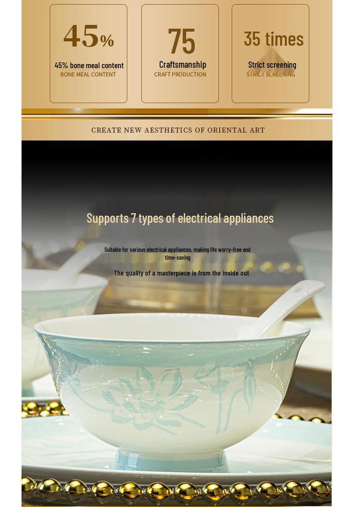 Tangshan Bone China Tableware Set: Underglaze Rice Bowls, Plates, Noodle & Soup Bowls, Chopsticks Combination.