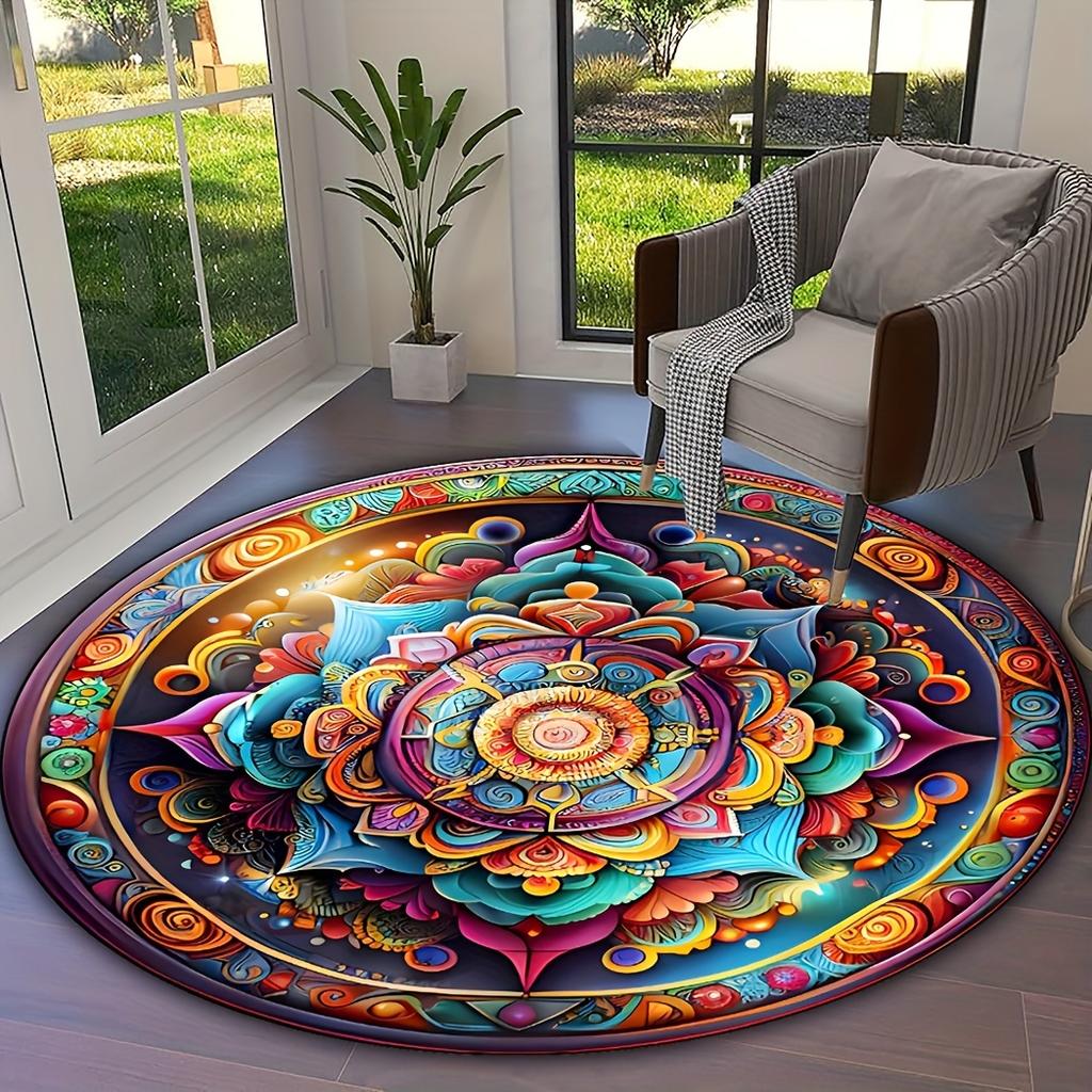 Mandala Flower Round Area Rugs - Non-Slip & Washable Polyester Carpet for Bedroom, Living Room & Farmhouse Decoration