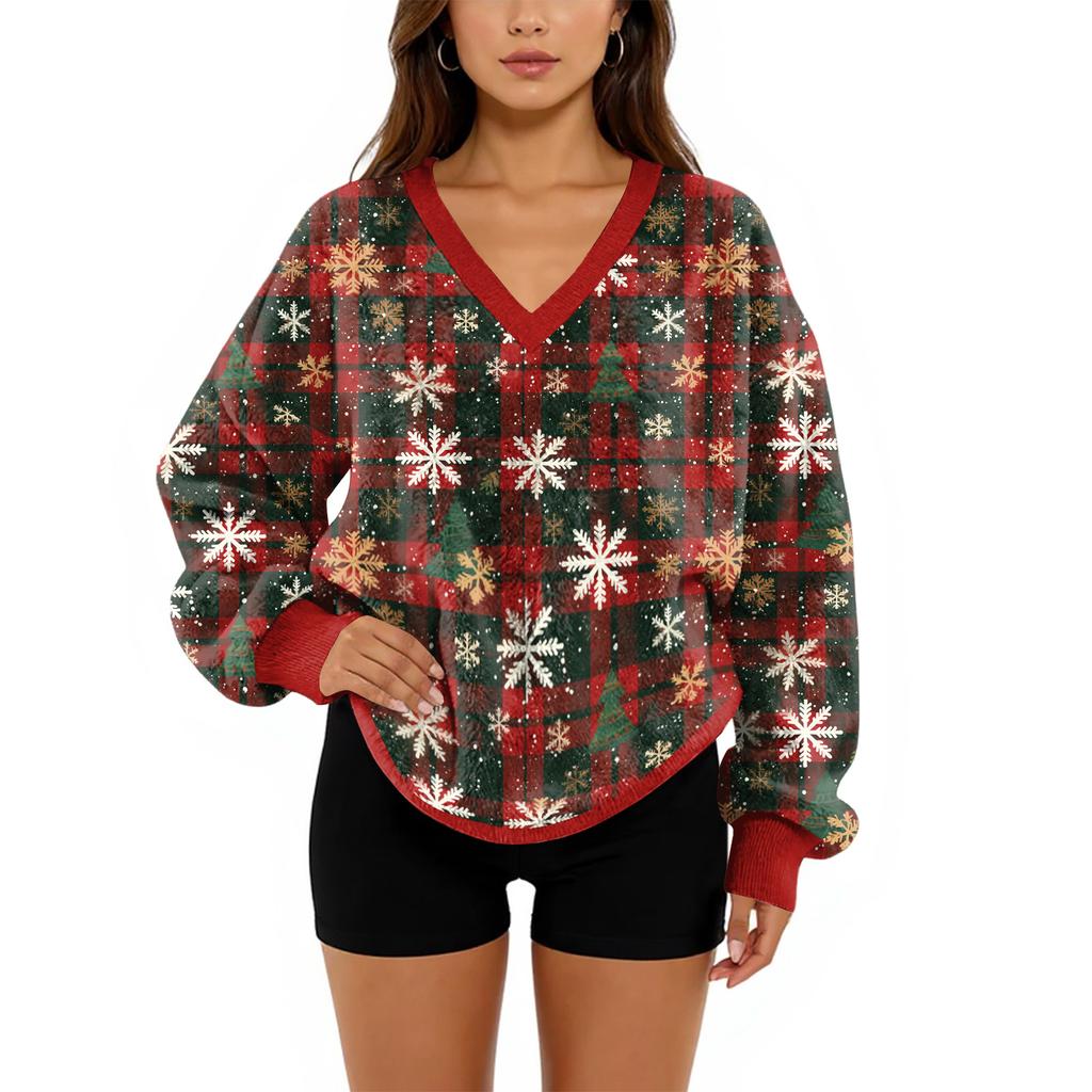 Women's V-Neck Sweatshirt Plush Solid Color Casual Fashion Long Sleeve With Pocketed Pullover Top