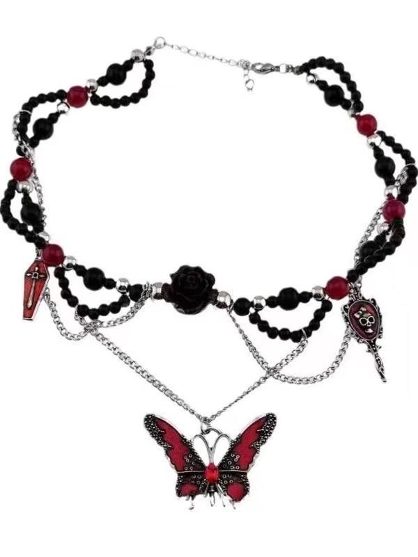 Dark Gothic Butterfly Flower Beaded Necklace Female High Sense Chocker Babes Sweet Cool Collarbone Chain Accessories