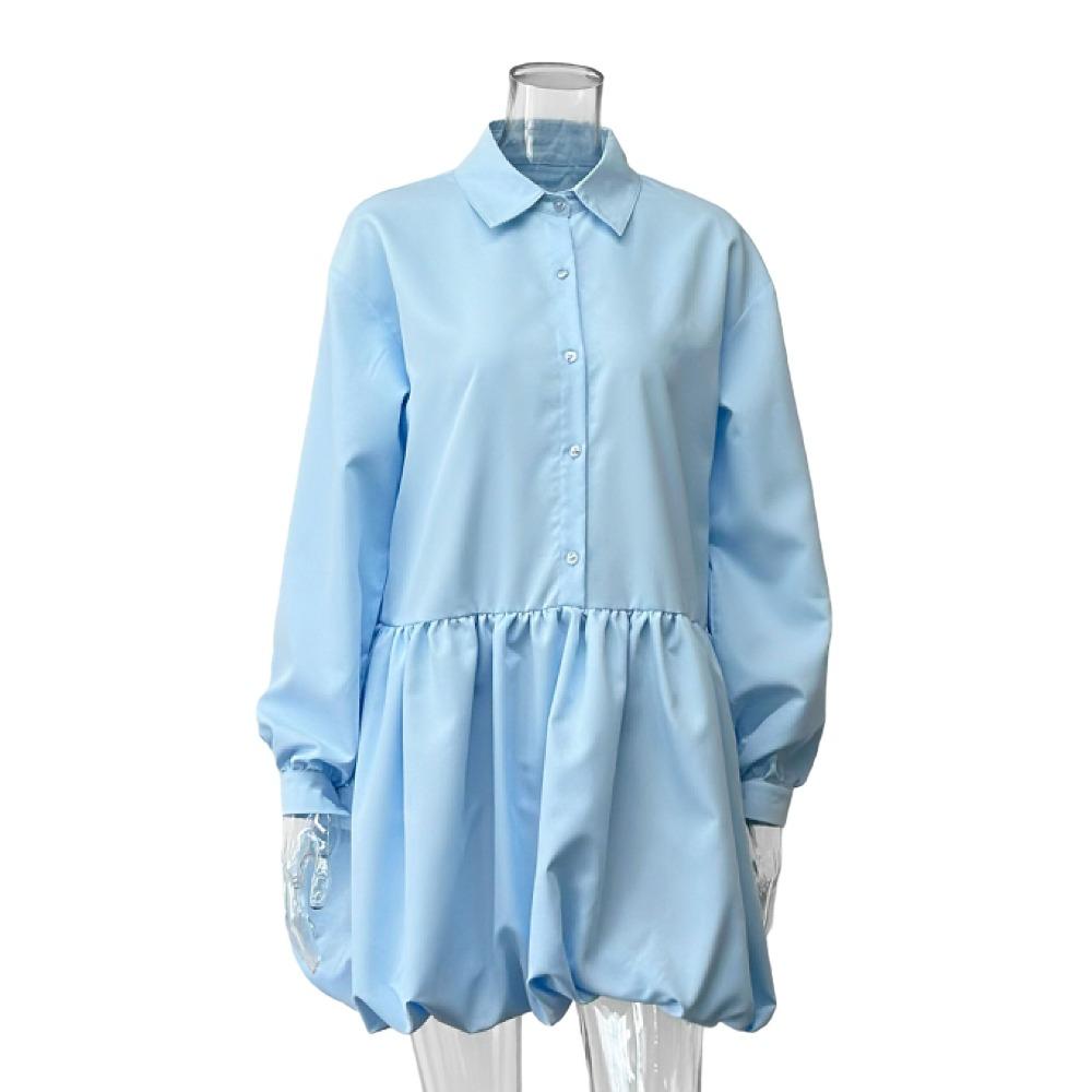 

Autumn, sweet bubble sleeve button stitching puffy skirt European and American, fashion shirt dress L синій