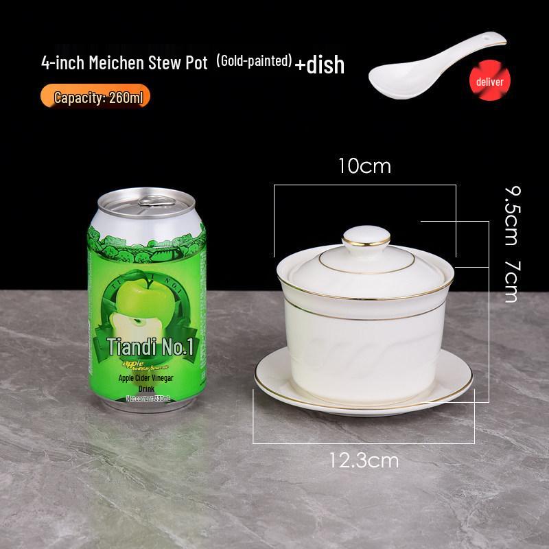 Pure White Ceramic Water-Bath Stew Pot with Gold Rim - Hotel & Commercial Grade, Ideal for Chinese Shaxian, Bird's Nest, and Steam Egg Dishes.