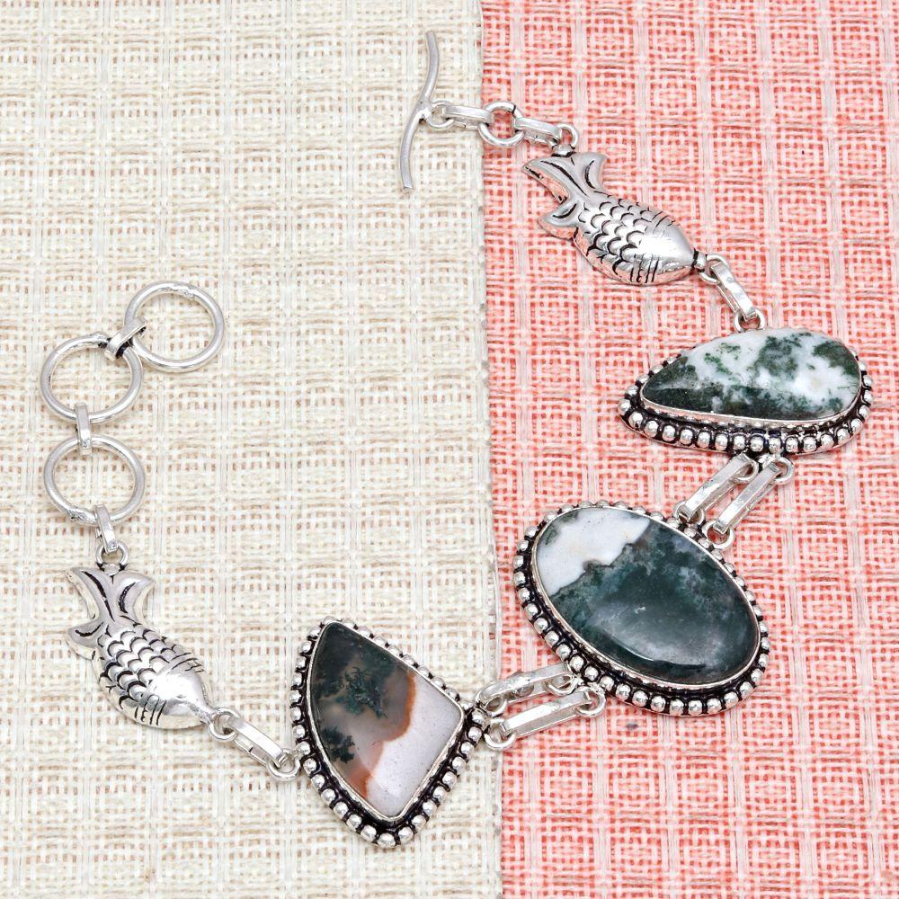 Moss Agate Gemstone Gift For Her Silver Jewelry Bracelets 7''Adjusable