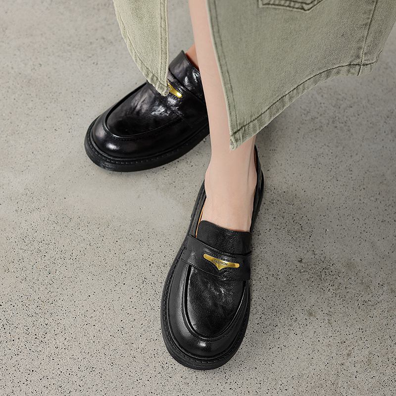 Krazing Pot Sheepskin Round Toe Low Heels Autumn Summer Shoes Slip on Women Oxford Shoes Metal Fasteners Pumps