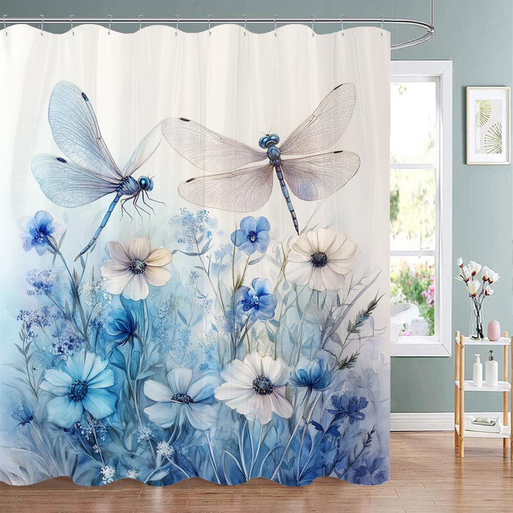 Blue Watercolor Floral Butterfly Shower Curtain, Bathroom Decorative Shower Curtain, Waterproof Shower Curtain with Hooks