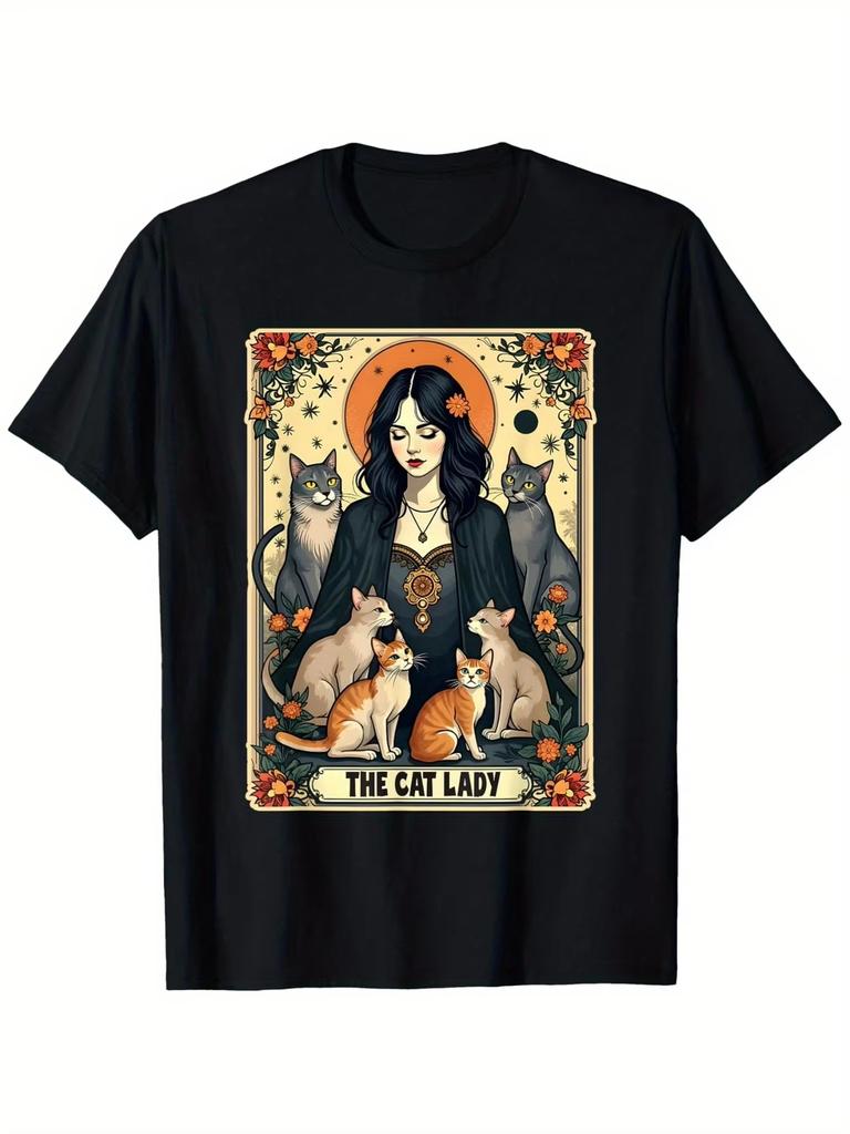 The Cat Lady Tarot Card Shirt Unisex Witchy Gothic Cat Mom TShirt Unisex Cotton Casual Round Neck Outdoor Short Sleeve TShirt
