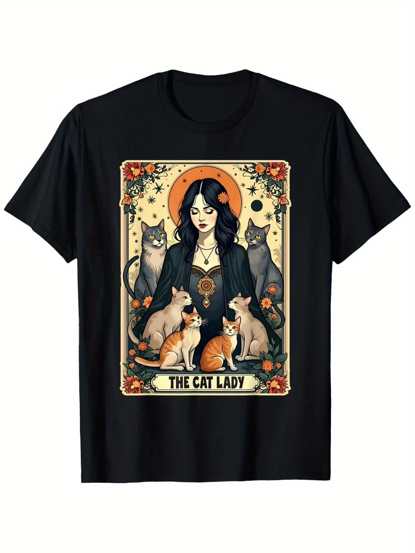 The Cat Lady Tarot Card Shirt Unisex Witchy Gothic Cat Mom TShirt Unisex Cotton Casual Round Neck Outdoor Short Sleeve TShirt M