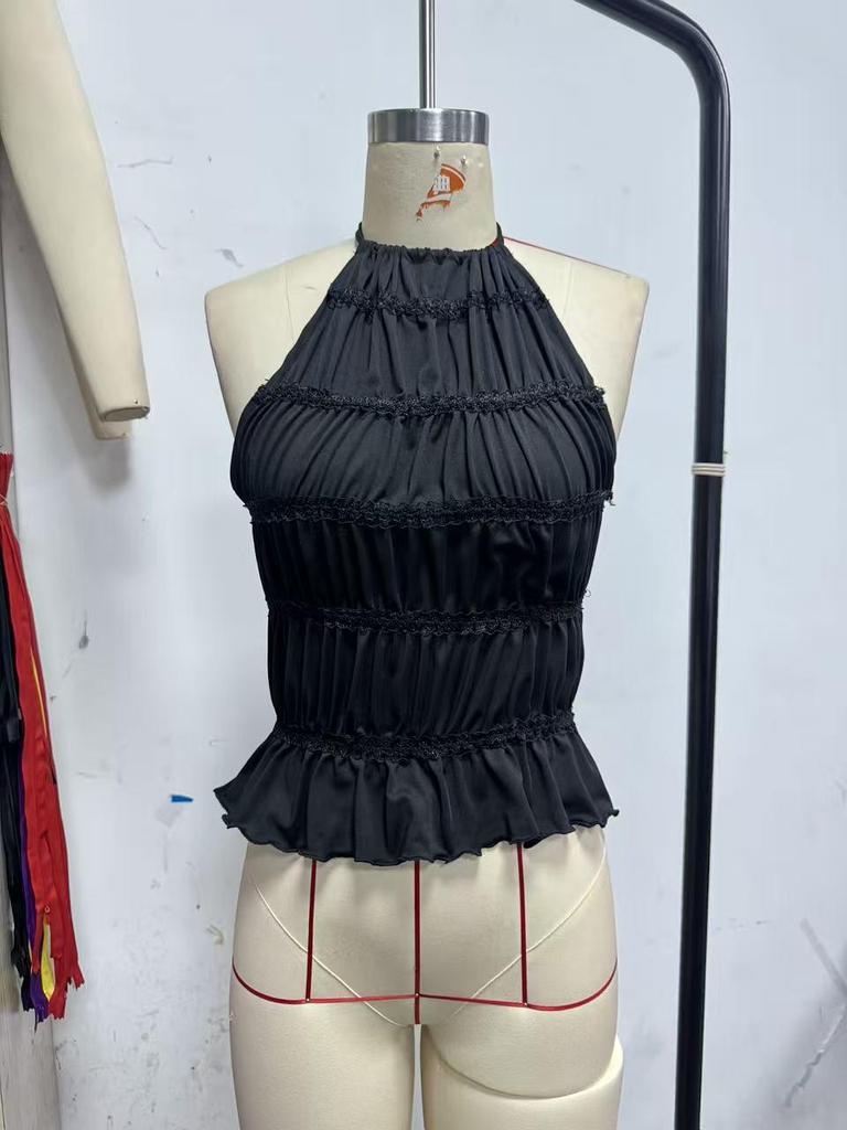 2026 Summer Solid Color Pleated Halter Neck Women's Open Back Lace-up Top