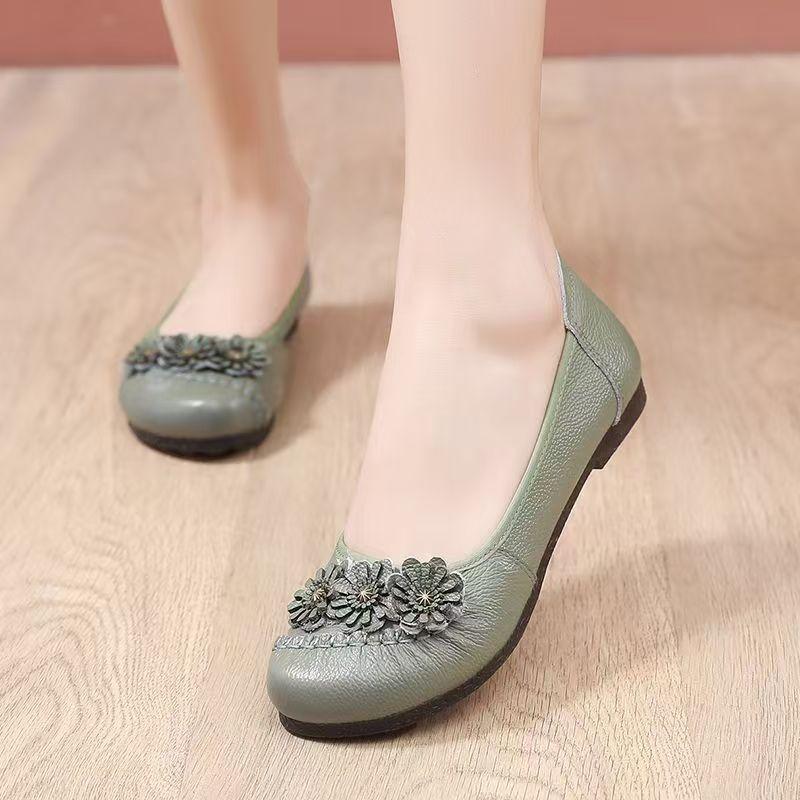 Woman's Spring Summer New Genuine Leather Flat sole Shoes Soft sole Soft Face Round Toe Shallow Slip On Flower Nude Shoes