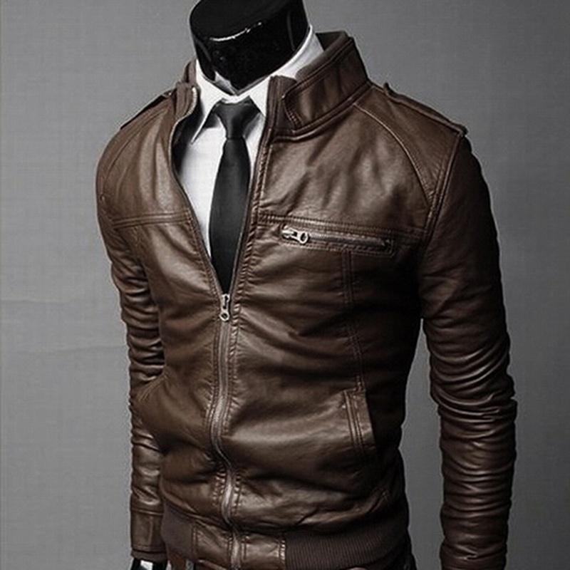 Buy Fashion Autumn Spring Men Solid Color Stand Collar Cool Leather