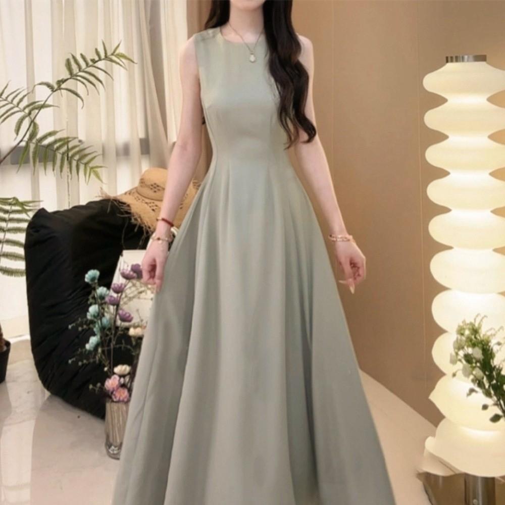 Sleeveless Vest Solid Color Long Skirt Temperament Women Korean Dress Sleeveless Long Dress  Party