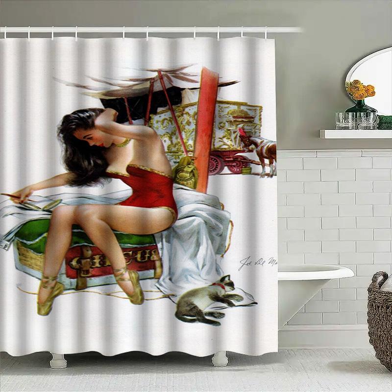 Vintage Art Shower Curtain With Elegant Woman And Cat Print Decorative Bathroom Liner For Home Decoration Size: 180 X 240 Cm (La