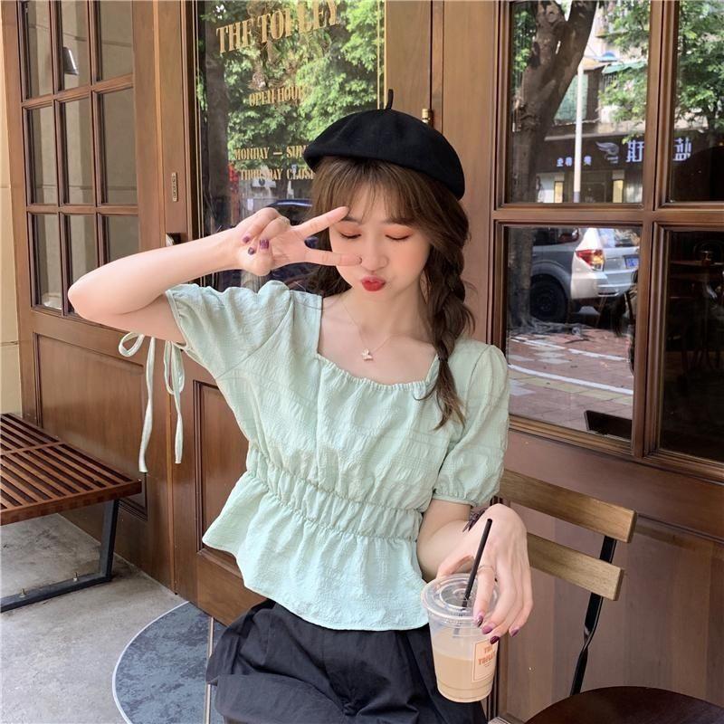 Square Collar Puff Sleeve Short Top Women's Short Sleeve Shirt Design Niche