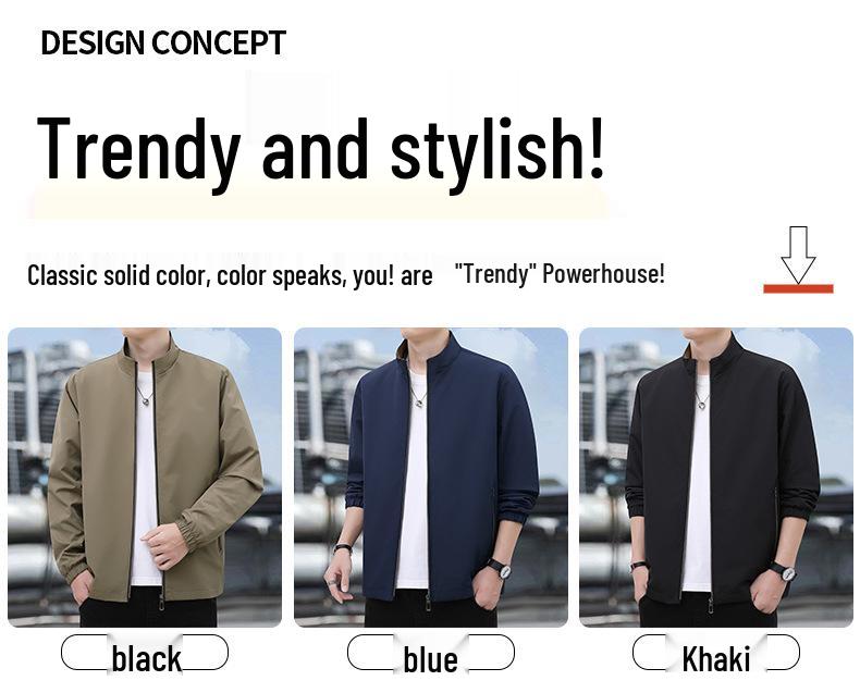 2024 Men's Solid Color Stand Collar Casual Jacket for Spring & Autumn - Middle-aged, Business Casual Outerwear