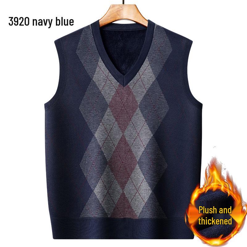 Dad's Fleece-Lined Sweater Vest: Warm Knitted Base Layer for Middle-aged and Elderly Men in Autumn and Winter.