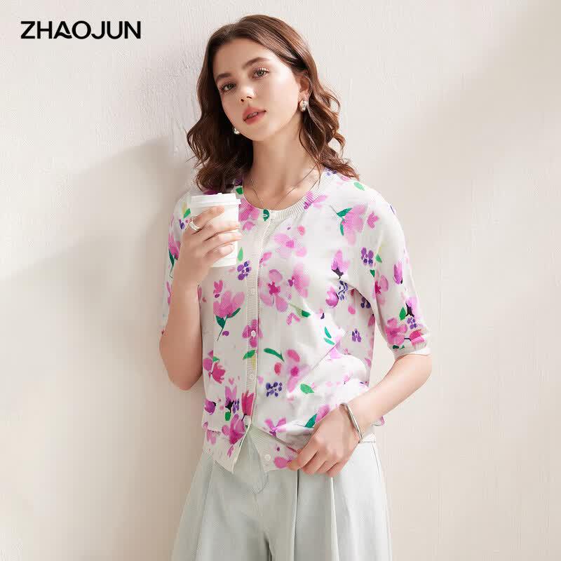 

Zhaojun Silk Blend Floral Knit Short Sleeve Cardigan M