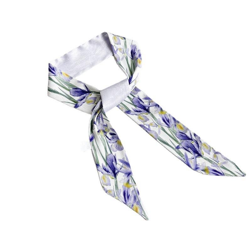 Spring Flower Print Silk Scarf Women's Versatile Long Strip Narrow Silk Scarf Pastoral Art Diagonal Streamer Tied Bag Ribbon