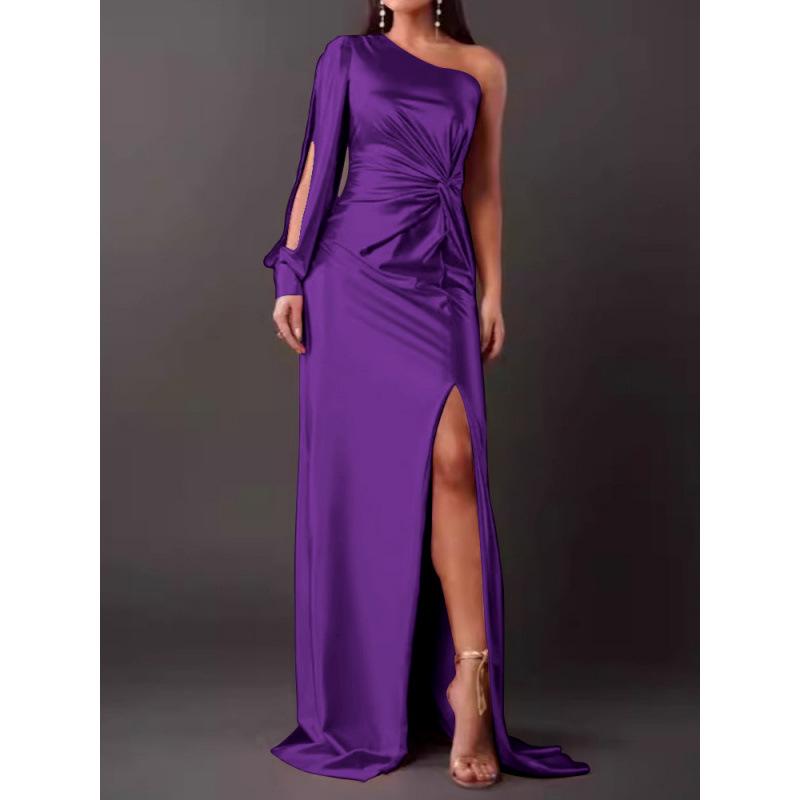 "2024 European & American Women's Off-Shoulder Raglan Sleeve Pleated Slit Long Skirt"
