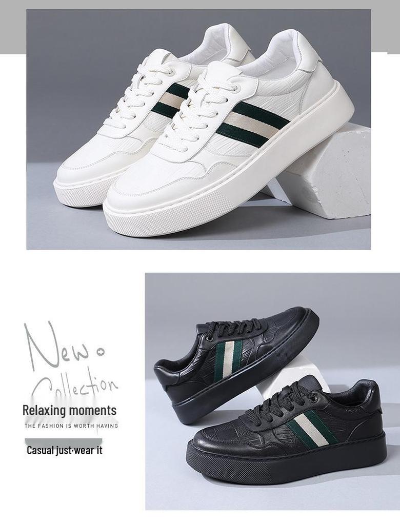 Trendy 2025 Men's Genuine Leather Sports Sneakers: White Soft Sole, Thick Sole Casual Shoes