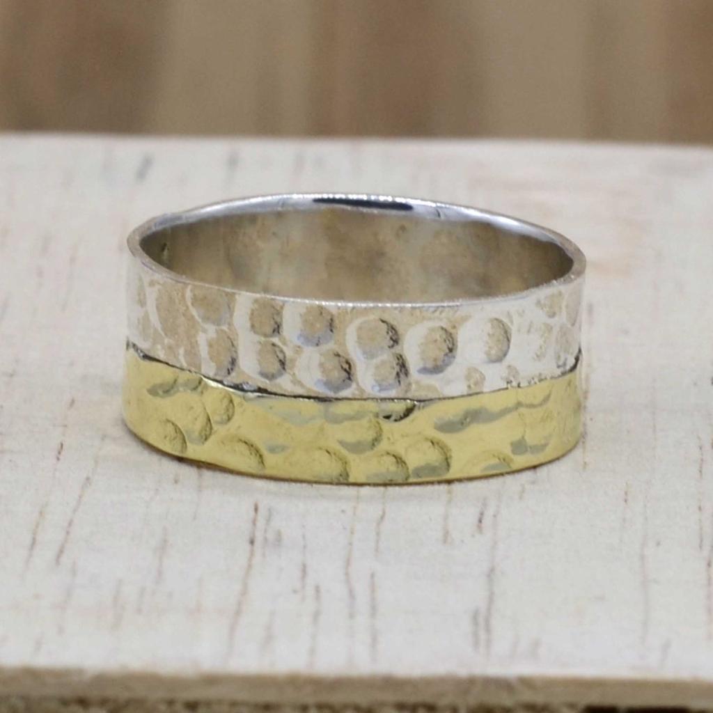 Two Tone Band Silver Ring For Man Engagement Jewelry, Sterling Solid Silver Hammered Handmade, Unique Gift For Him