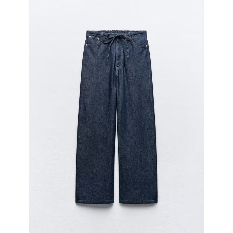 

Za2024 Summer New Product Women s Clothes Vacation Style Drawstring Pocket Decoration Straight-leg Casual Drape Pants 6929021 Blue L