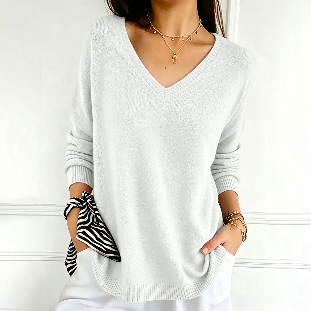 Women's Color V-Neck Long Sleeve Knit Sweater Casual Basic Lightweight Top for Daily Wear