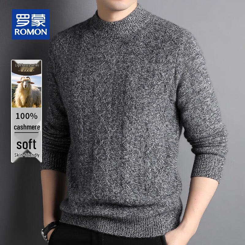 ROMON Men's 100% Cashmere Half-Turtleneck Cable Knit Sweater