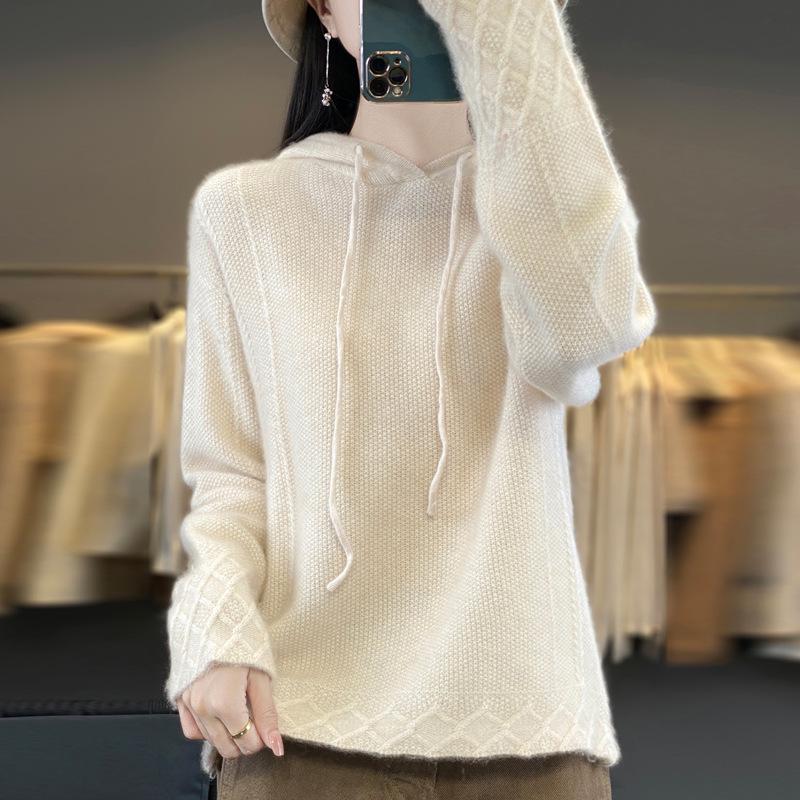 2024 Autumn/Winter Women's Pure Wool Hooded Knit Pullover - College Style Sweater