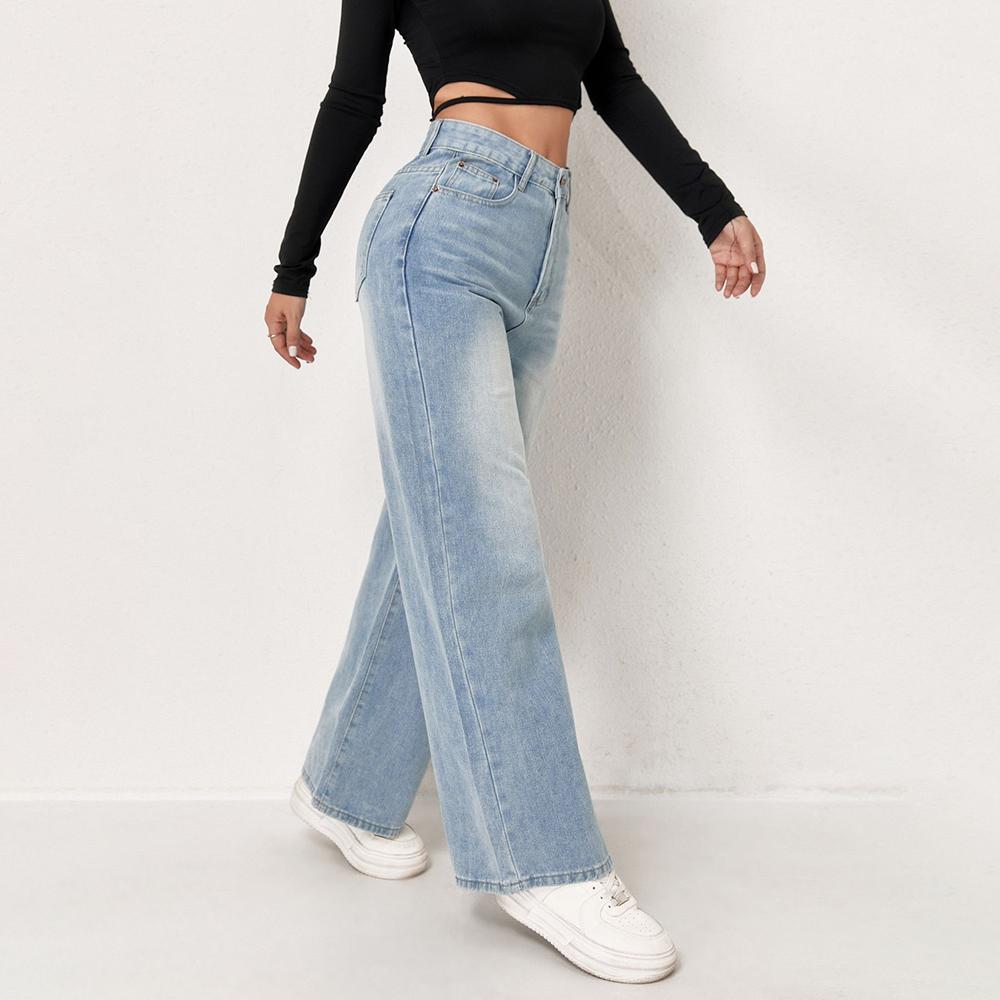 PUFFANPOP Women's Wide Leg Jeans Retro Wash High Waisted Denim Pants Loose Straight Jeans Y2K