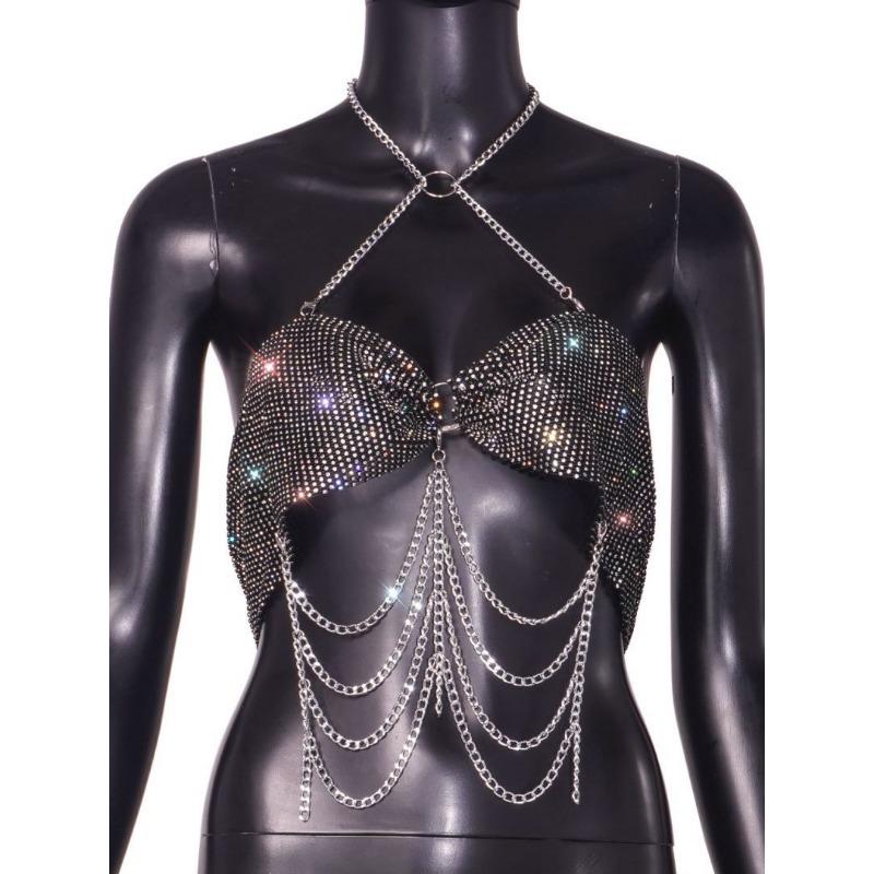 Rhinestone Chain Tassel Halter Nightclub Bralette Top SizeOne