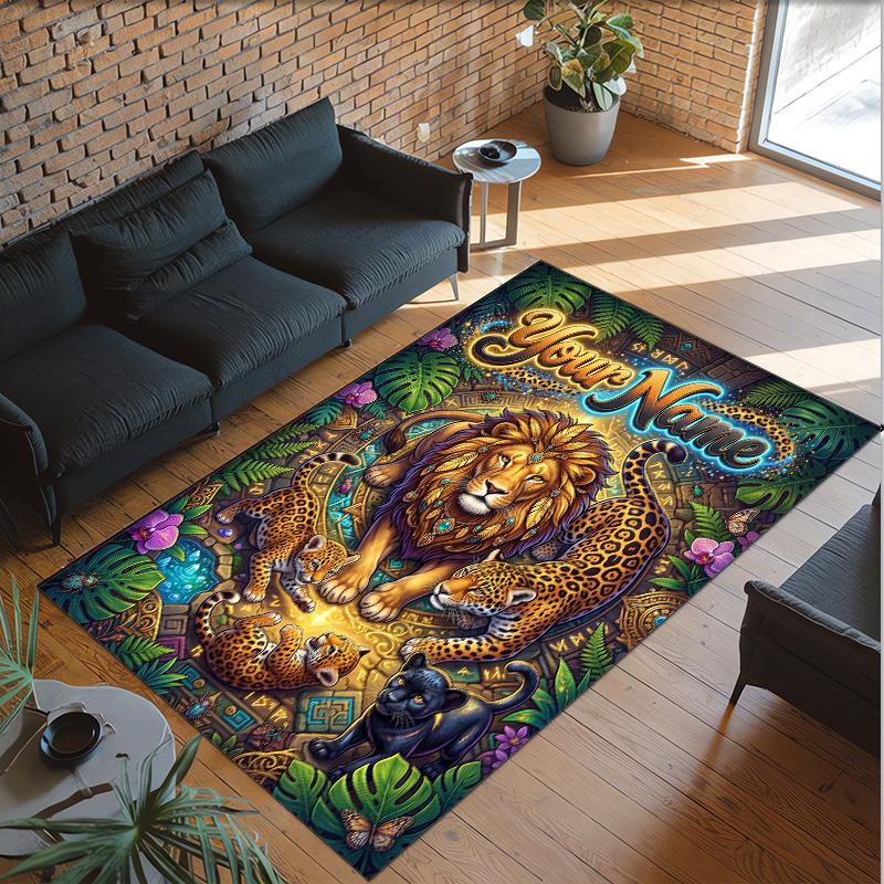 Leopard Theme Crystal Velvet Floor Rug Personalized Custom Name Text Warm Carpet Home Decoration