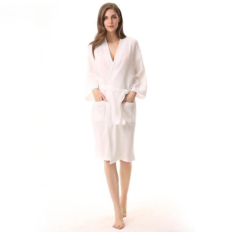 Plain Color Thin Bathrobe Cotton Double Layered Washed Gauze Women's Yukata Kimono Style Women's Nightgown