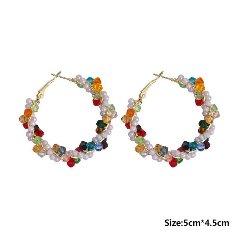 Y2K Colored Bead Crystal Pearl Exaggerated Hoop Earrings for Women Luxury Round Irregular Earring High-End Travel Accessory Gift